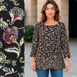 J Jill Pullover Top M Black Floral Peplum 3/4 Sleeves Purple Green White Tunic